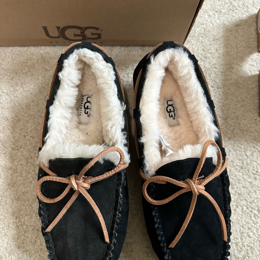 UGG Black Suede Moccasin Slippers with Chestnut Trim